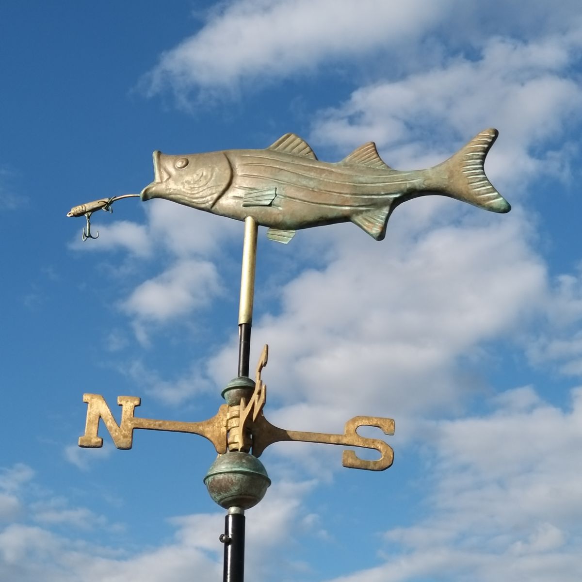 Aged Copper Cottage Fish and Lure Verdigris Weathervane